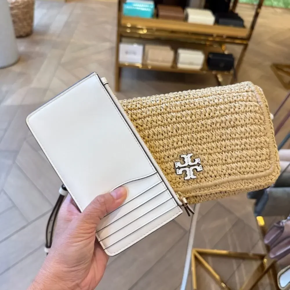 Tory Burch Thea Raffia Flat Wallet Crossbody 180152 Raffia / Ice Crystal $525 - Picture 6 of 9